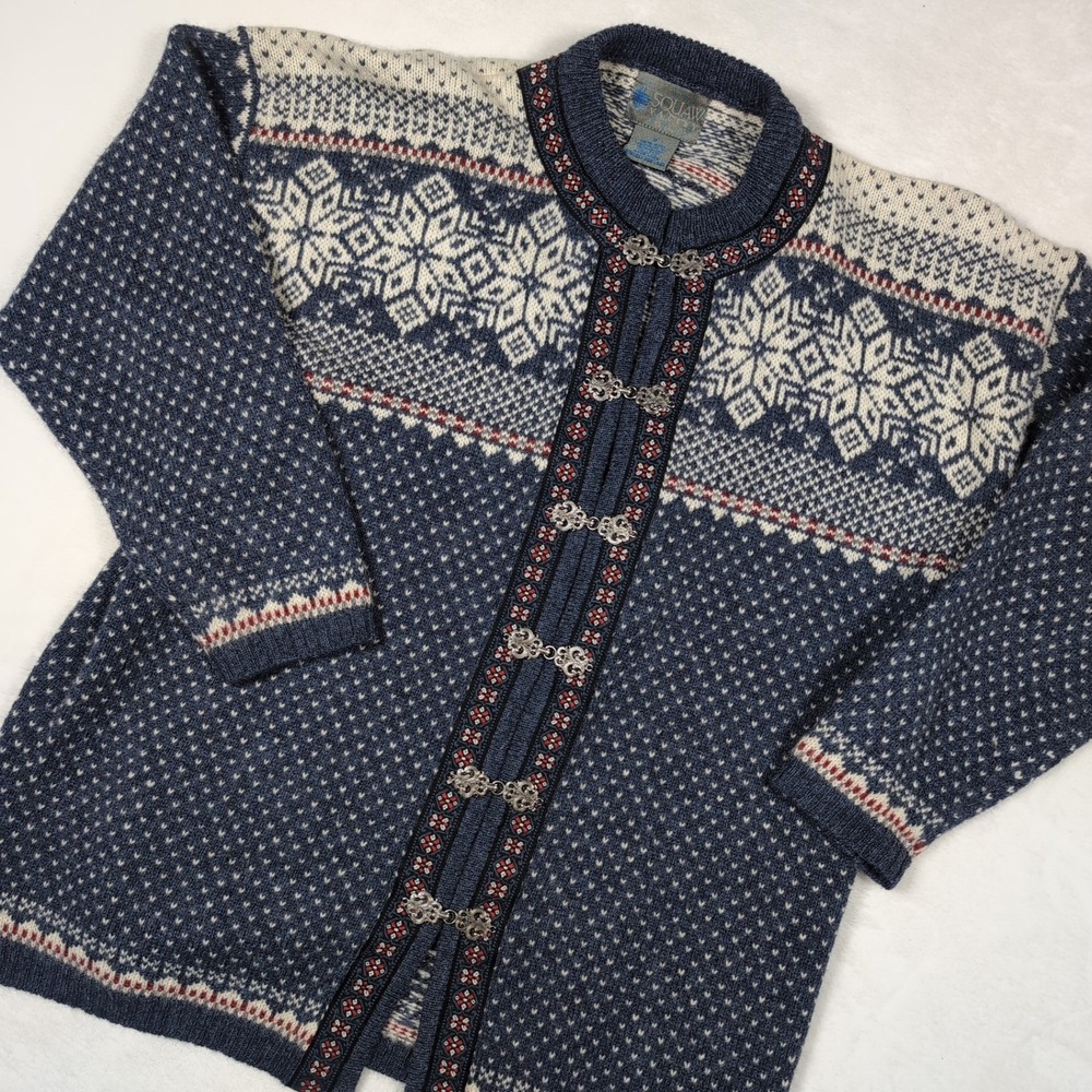 Vtg Squaw Valley Wool Cardigan Medium Nordic Fair Isle Metal Clasp Sweater Ski